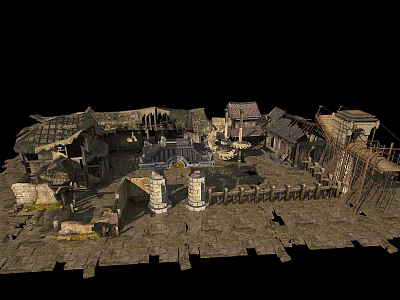 Ancient Architecture Ruins Featuring Damaged Roofs Stone Pillars Fences And Courtyard Pavement 3d model