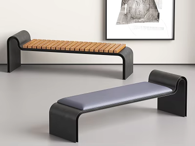 Modern Benches With Wooden Seat Gray Padded Design And Black Frame 3d model