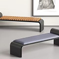 Modern Benches With Wooden Seat Gray Padded Design And Black Frame