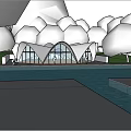 Modern Building With White Roof Glass Walls Pink Cherry Blossom Trees And Water Pool