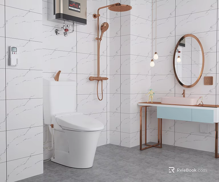 Modern Bathroom White Marble Tile Walls Copper Shower White Toilet Light Blue Vanity Round Mirror 3d model 