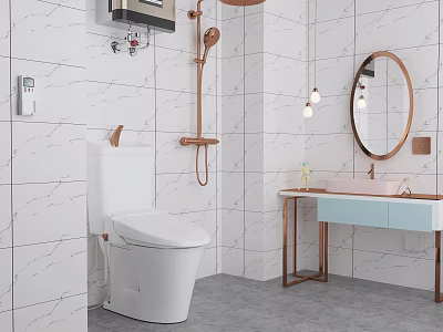Modern Bathroom White Marble Tile Walls Copper Shower White Toilet Light Blue Vanity Round Mirror 3d model