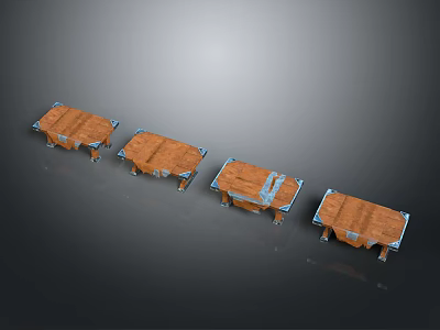 Four Wooden Tables With Brown Surface And Metal Edges Arranged in a Row 3d model
