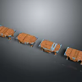 Four Wooden Tables With Brown Surface And Metal Edges Arranged in a Row