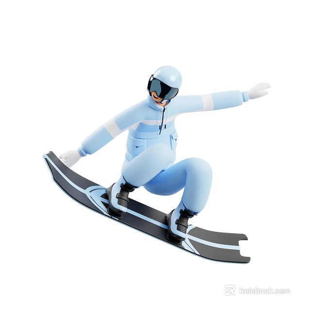 Game Movie Character Snowboarding In Light Blue Suit With Helmet Goggles And Black Snowboard 3d model 