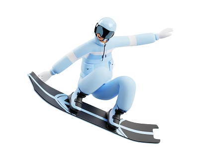 Game Movie Character Snowboarding In Light Blue Suit With Helmet Goggles And Black Snowboard 3d model
