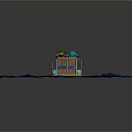 Floating Wooden House Structure With Green Plants On Roof And Colorful Exterior In Blue Water