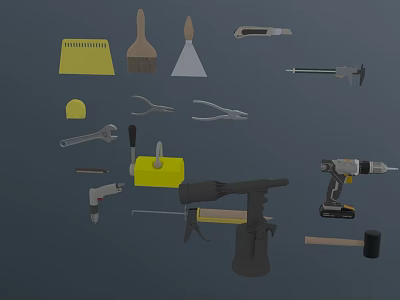 Essential Hardware Tools Including Drill Pliers Wrench Hammer Brush and Glue Gun 3d model Essential Hardware Tools Including Drill Pliers Wrench Hammer Brush and Glue Gun 3d model