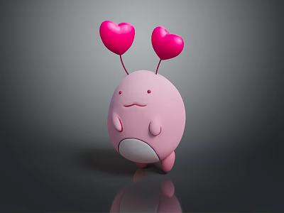 Game Movie Character Pink Round Figure With Red Heart Shaped Balloons On Head 3d model