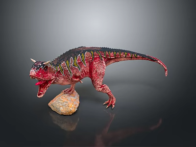 Red Dinosaur Model With Green And Black Patterns Standing On Rock Open Mouth 3d model
