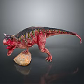 Red Dinosaur Model With Green And Black Patterns Standing On Rock Open Mouth