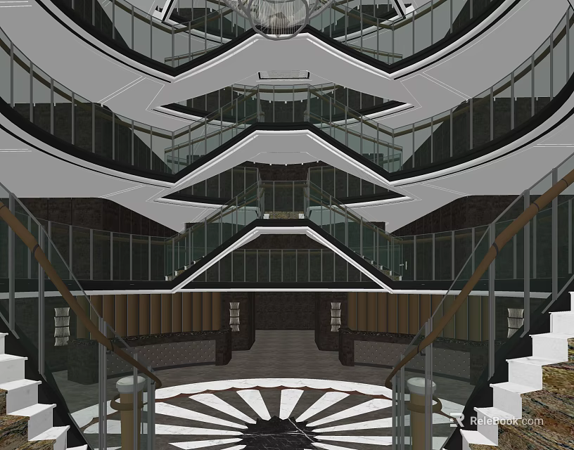 Modern Front Desk Reception Area With Glass Railings And Staircase Design 3d model 