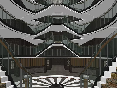 Modern Front Desk Reception Area With Glass Railings And Staircase Design 3d model