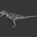 Realistic Tyrannosaurus Rex Dinosaur Model With Open Mouth And Spotted Skin Standing In Gray Background