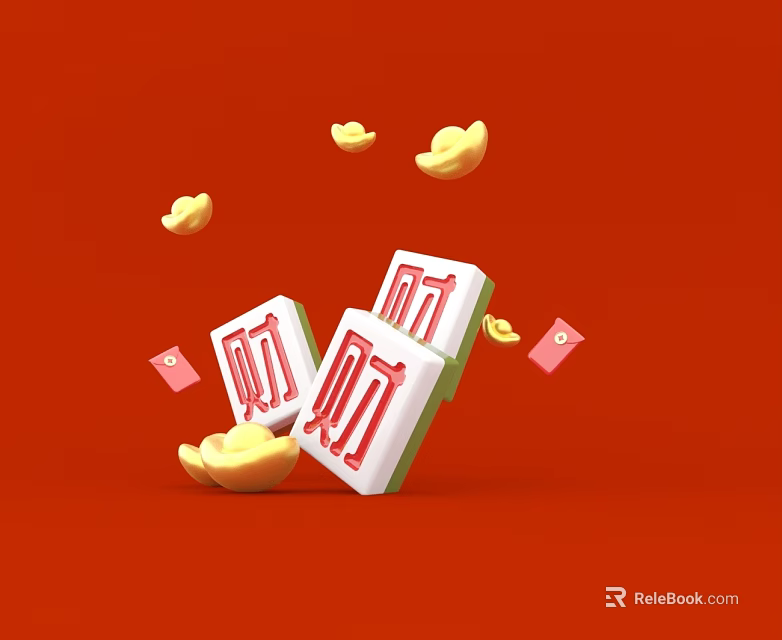 Landscape Sculpture with Mahjong Tiles Cai Characters Gold Ingots and Red Envelopes on Red Background 3d model 