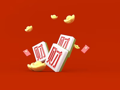 Landscape Sculpture with Mahjong Tiles Cai Characters Gold Ingots and Red Envelopes on Red Background 3d model