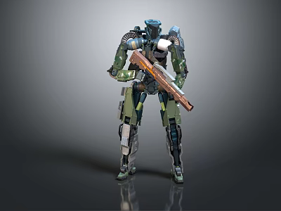 Green And Blue Armored Mech Robot Character Holding Long Rifle Standing Pose 3d model