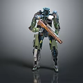 Green And Blue Armored Mech Robot Character Holding Long Rifle Standing Pose