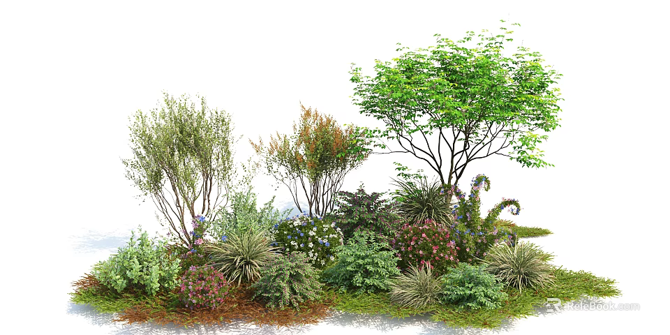 Various Green Shrubs in Outdoor Garden Landscape with Colorful Flowers and Mixed Plants 3d model 