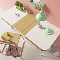 Kids Desk With Wooden Tabletop Pink Wall Yellow Chair Pink Backpack Lamp And Storage Boxes