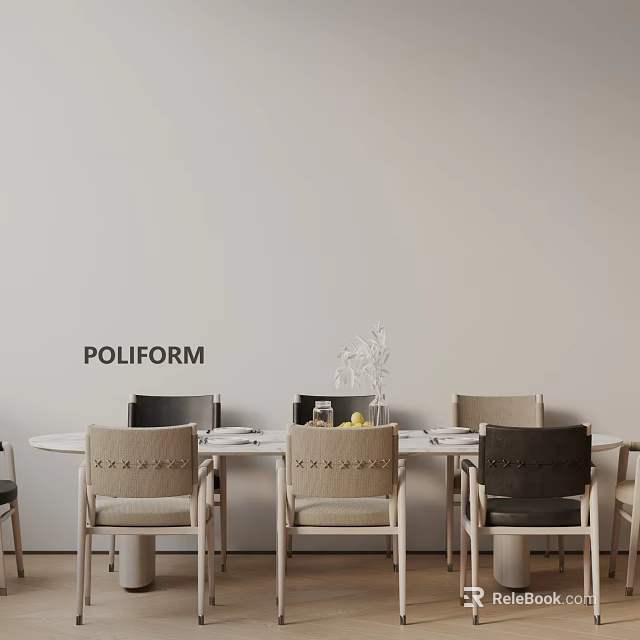 Poliform Modern Dining Table Set With Woven Back Chairs And Tabletop Vase Lemon 3d model