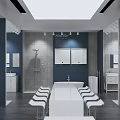 Modern Exhibition Booth With White Brand Logos Display Window Light Strip Decorations And Reception Area