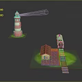 Miniature Train on Railway Track with Lighthouse and Small House Model