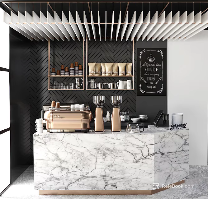 Functional Coffee Table With Marble Countertop Coffee Machines Metal Shelves And Menu Chalkboard 3d model 