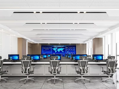 Modern Monitoring Room Interior With Multiple Computer Monitors Control Desks And Large Display Screen 3d model