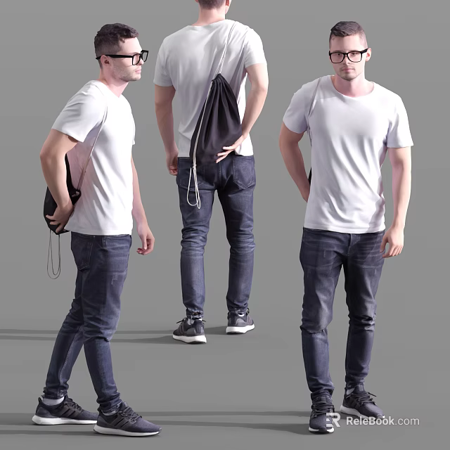 Man Wearing White T-Shirt Dark Jeans Black Bag Glasses And Sneakers From Multiple Angles 3d model 
