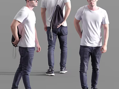 Man Wearing White T-Shirt Dark Jeans Black Bag Glasses And Sneakers From Multiple Angles 3d model