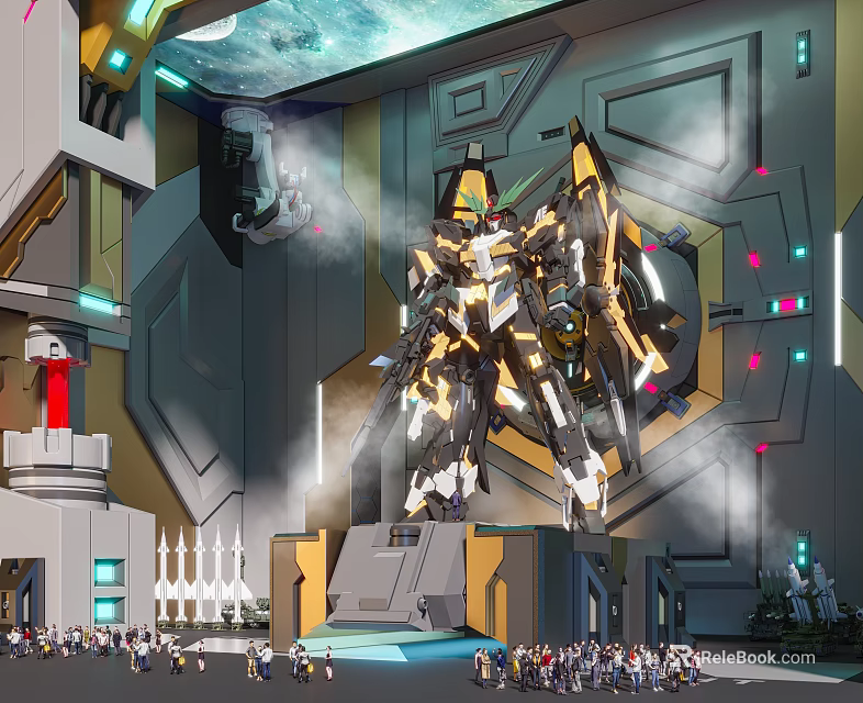 Futuristic Mecha in High Tech Structure with Crowd and Neon Lighting Effects 3d model 