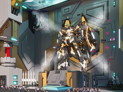Futuristic Mecha in High Tech Structure with Crowd and Neon Lighting Effects 3d model