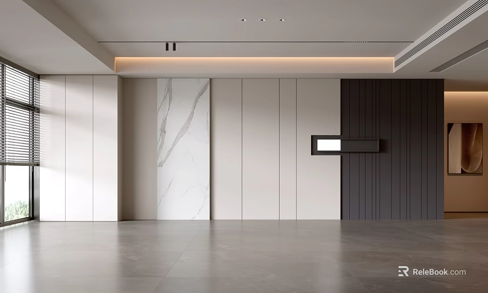 Modern Living Room Interior Design With Marble Accent Wall And Wooden Panels 3d model 