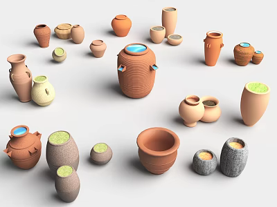 Green Plants Thriving in Various Colored Terracotta Clay Pots Arrangement 3d model