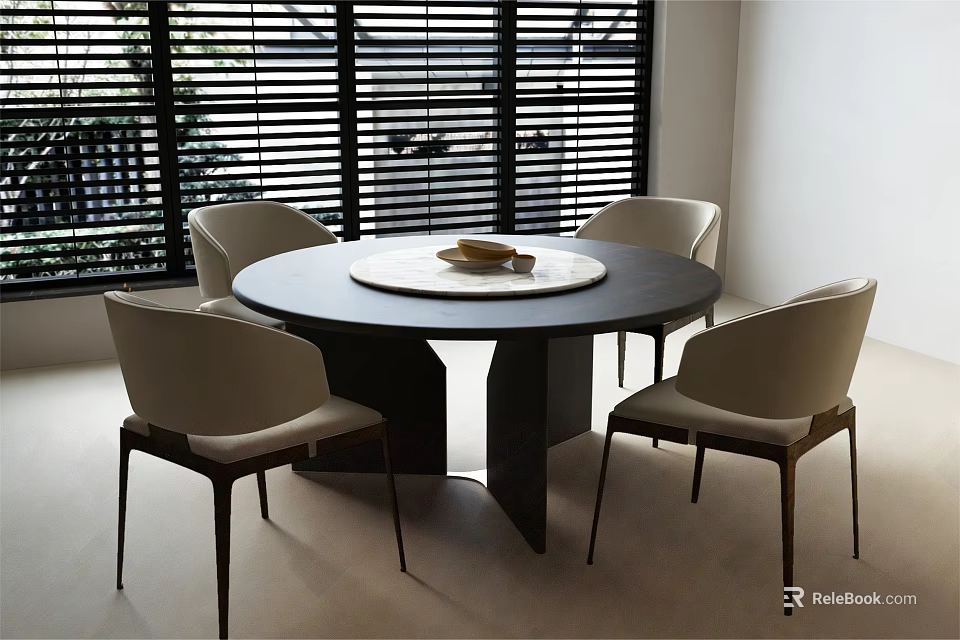 Modern Round Dining Table Set With Beige Chairs Dark Tabletop And Window Blinds 3d model 