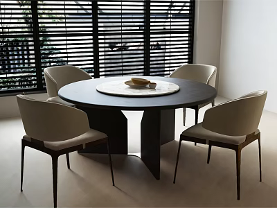 Modern Round Dining Table Set With Beige Chairs Dark Tabletop And Window Blinds 3d model