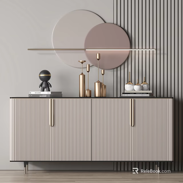 Modern Entryway Console Table With Striped Front Golden Candle Holders Small Statue And Circular Mirrors 3d model 
