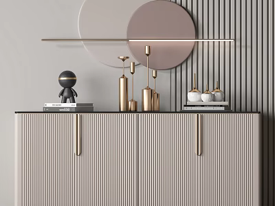 Modern Entryway Console Table With Striped Front Golden Candle Holders Small Statue And Circular Mirrors 3d model