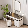 Modern Dressing Table With Oval Mirror Large Green Plant Minimalist Stool And Pendant Lights