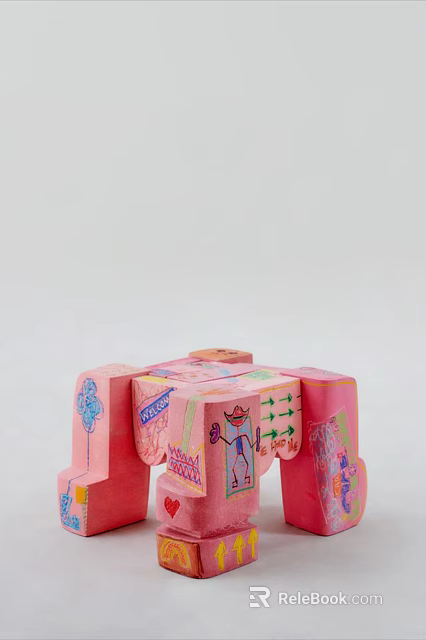 Creative Pink Side Table with Block Style Structure and Hand Painted Patterns 3d model 