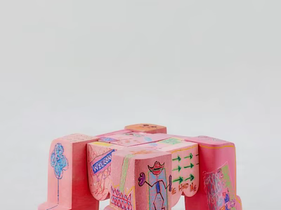 Creative Pink Side Table with Block Style Structure and Hand Painted Patterns 3d model