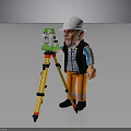 Construction Worker Figurine Using Green Surveying Instrument On Yellow Tripod With White Hard Hat