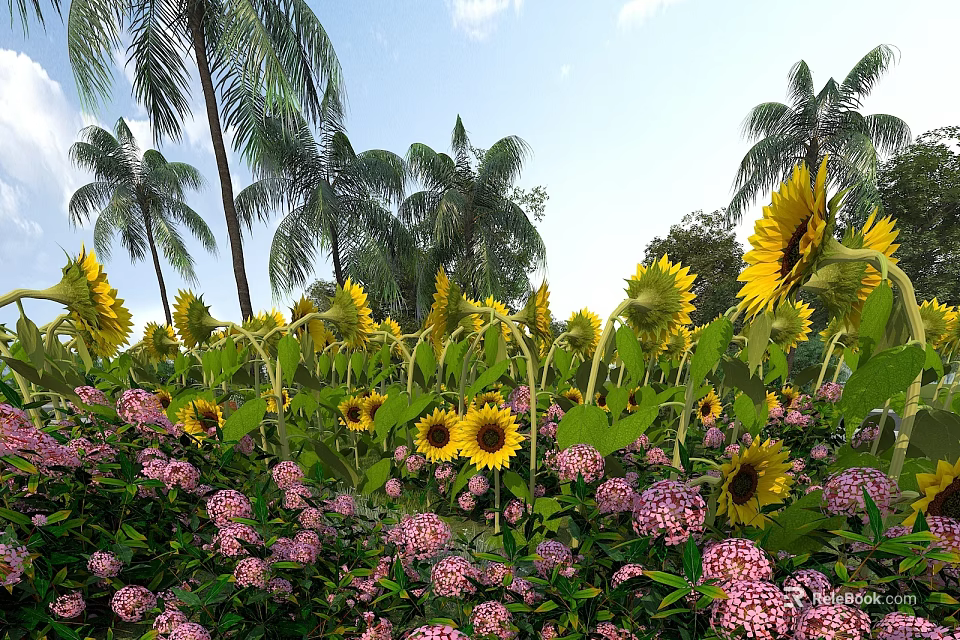 Vibrant Garden Landscape With Sunflowers Palm Trees Pink Flowers And Green Plants Under Blue Sky 3d model 