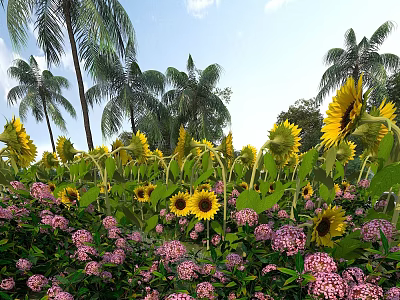Vibrant Garden Landscape With Sunflowers Palm Trees Pink Flowers And Green Plants Under Blue Sky 3d model