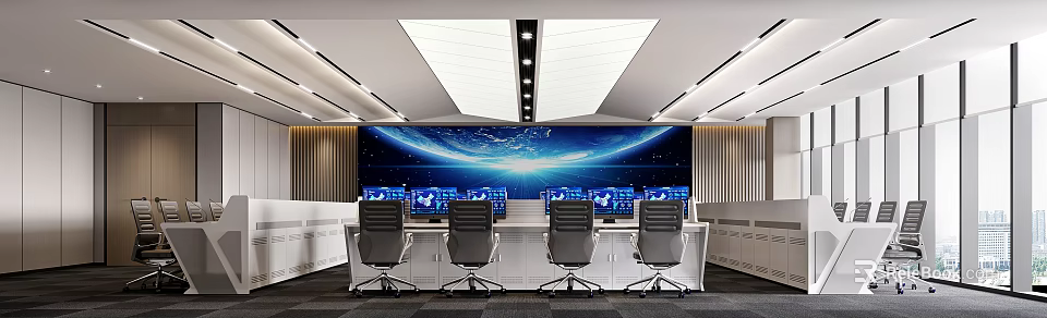 Modern Monitoring Room Interior With Multiple Screens And Office Chairs 3d model 