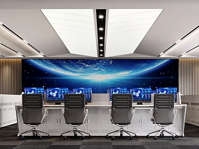 Modern Monitoring Room Interior With Multiple Screens And Office Chairs 3d model