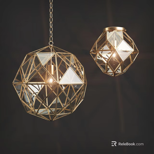 Geometric Pendant Lighting Set With Golden Frame And Transparent Illuminated Panels 3d model 