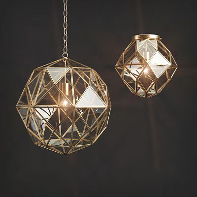 Geometric Pendant Lighting Set With Golden Frame And Transparent Illuminated Panels 3d model