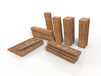 Wooden Rectangular Blocks And Long Strips With Brown Textured Surface Stacked And Arranged 3d model